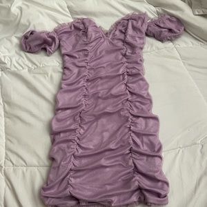 purple off the shoulder dress